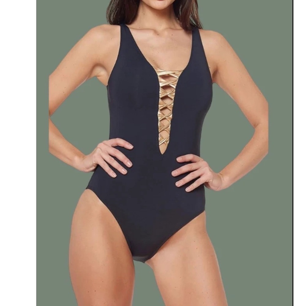 Bleu Rod Beattie Swimsuit Womens One Piece Twisted Plunge  8
ROSE GOLD  BLACK